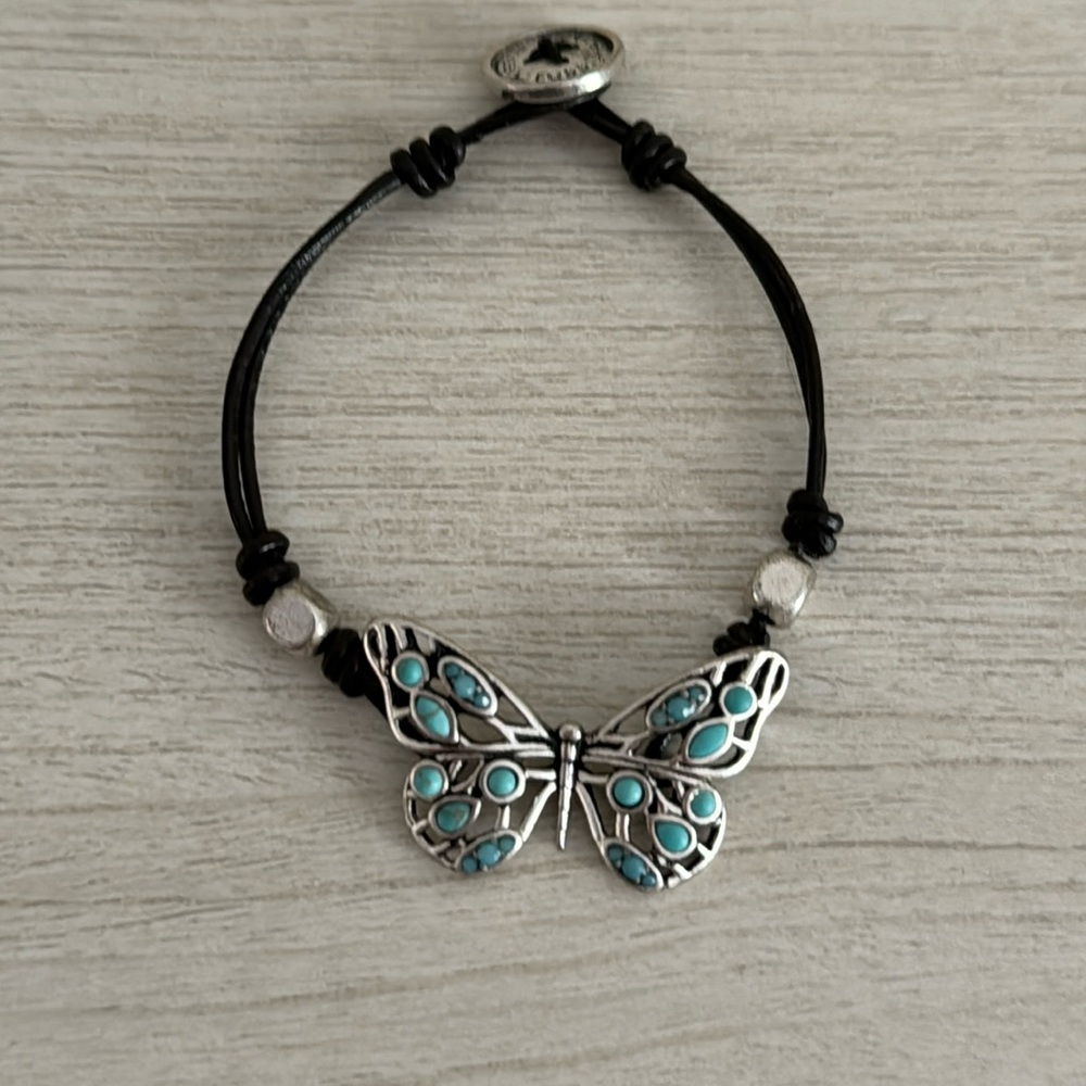 FOSSIL SILVER+BLUE TURQUOISE BUTTERFLY, BLACK LEATHER BRACELET EUC